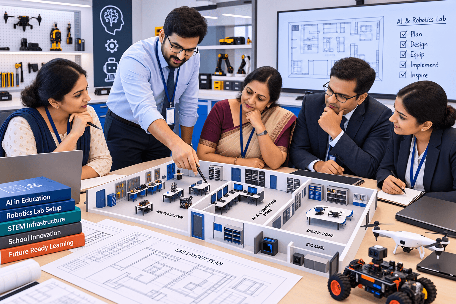 School leaders reviewing a layout plan for an AI and robotics lab