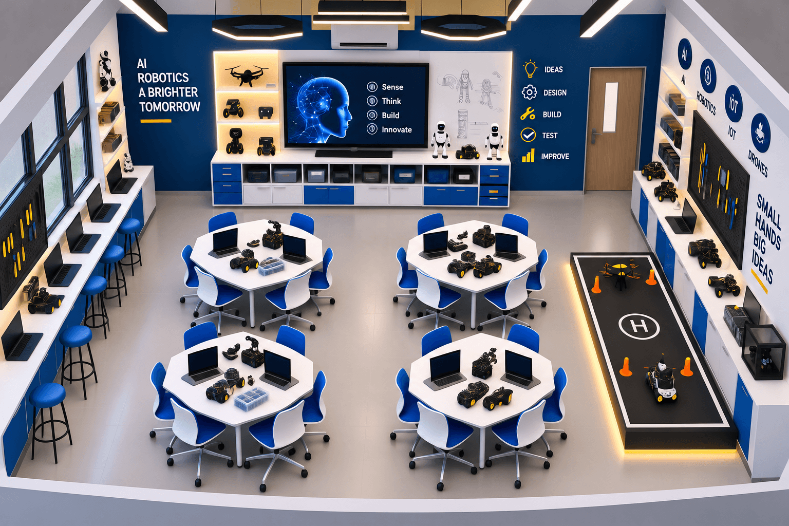 Futuristic AI & Robotics classroom lab