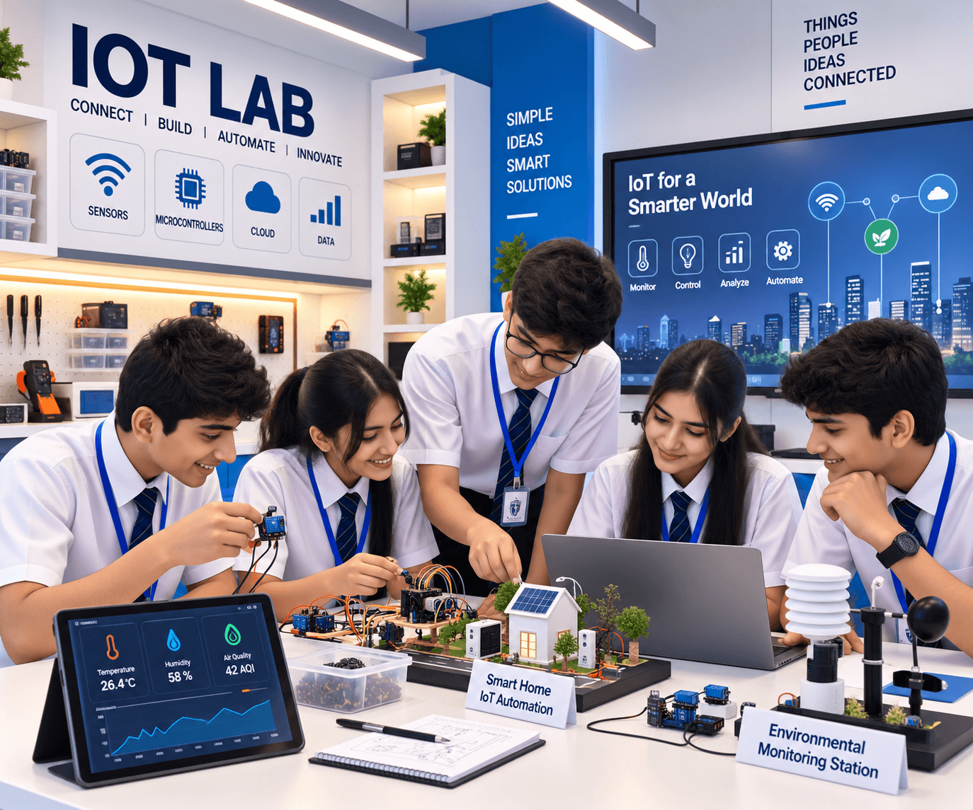 Students collaborating in a modern IoT lab