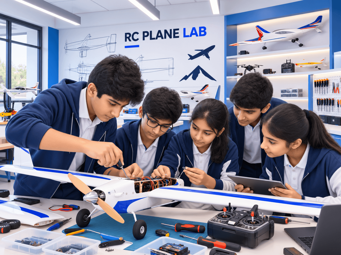 Students collaborating on an RC plane build