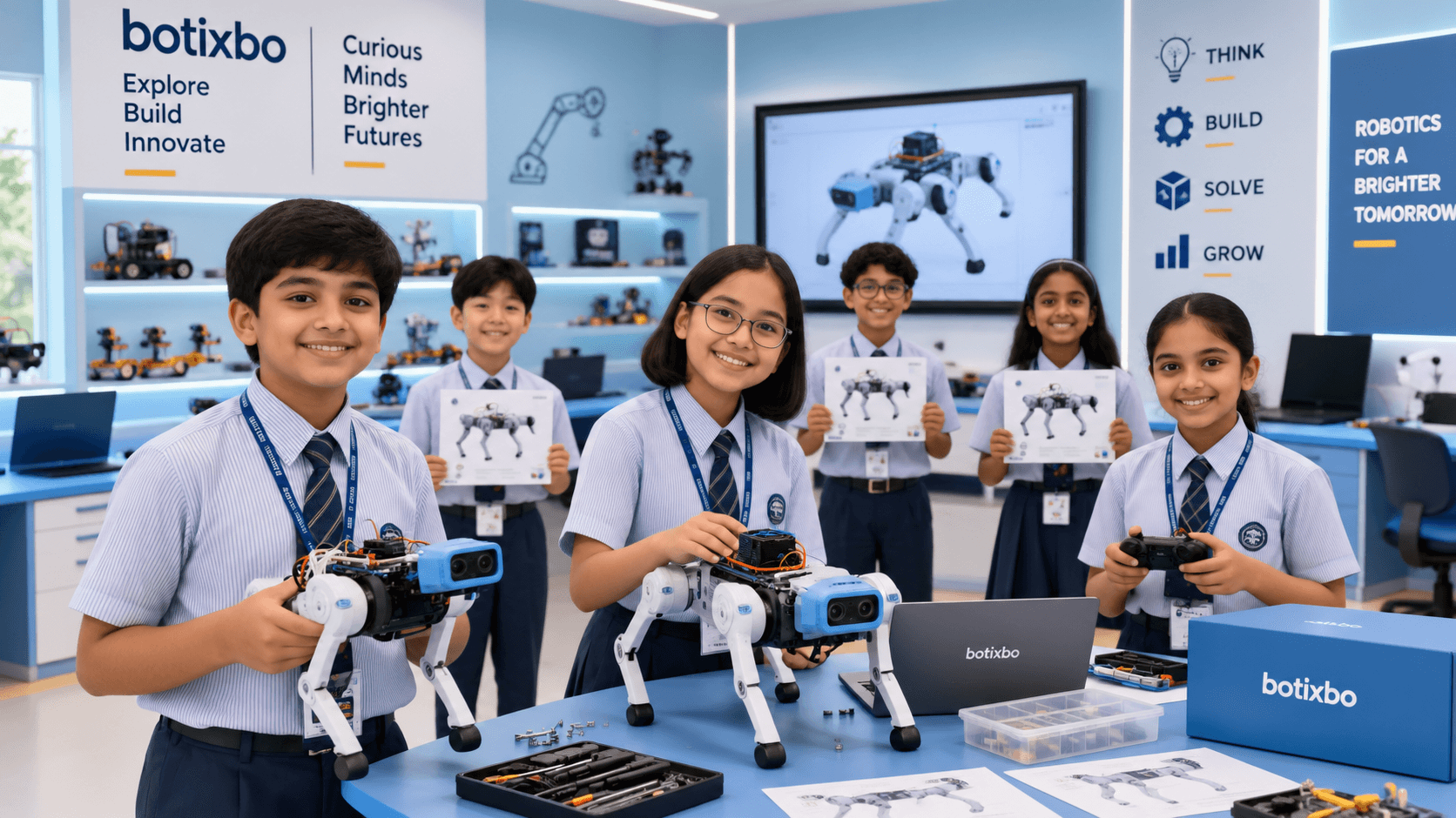 Students working in an AI & Robotics Lab, building a robotic dog